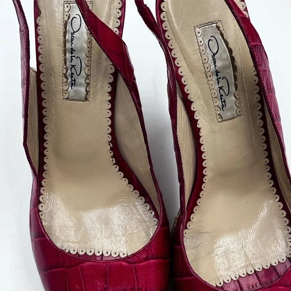 Oscar‎ De LA Renta Womens Red Print Leather Peep-Toe Slingback Wedge 39.5/US 8.5
